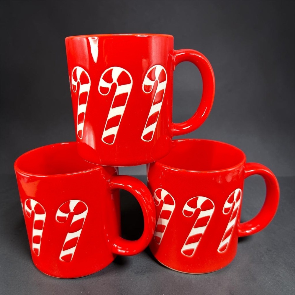 Relpo Vintage Christmas Candy Cane Mugs Cups Red Ceramic Set of 3 Holiday READ